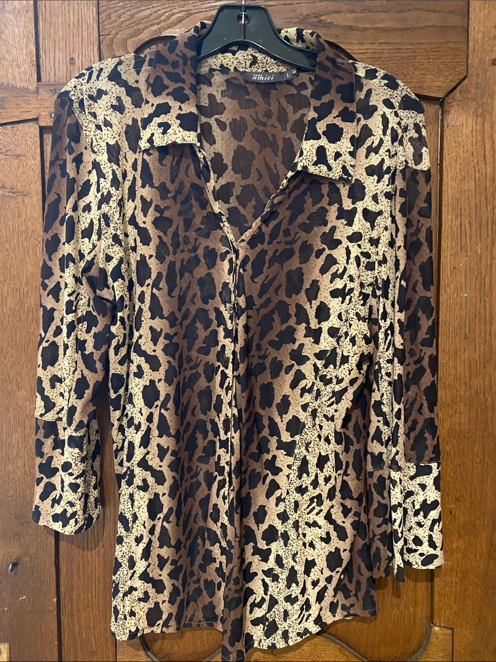 pure Amici Brown Leopard Print Button-Front Women's Top Sz large